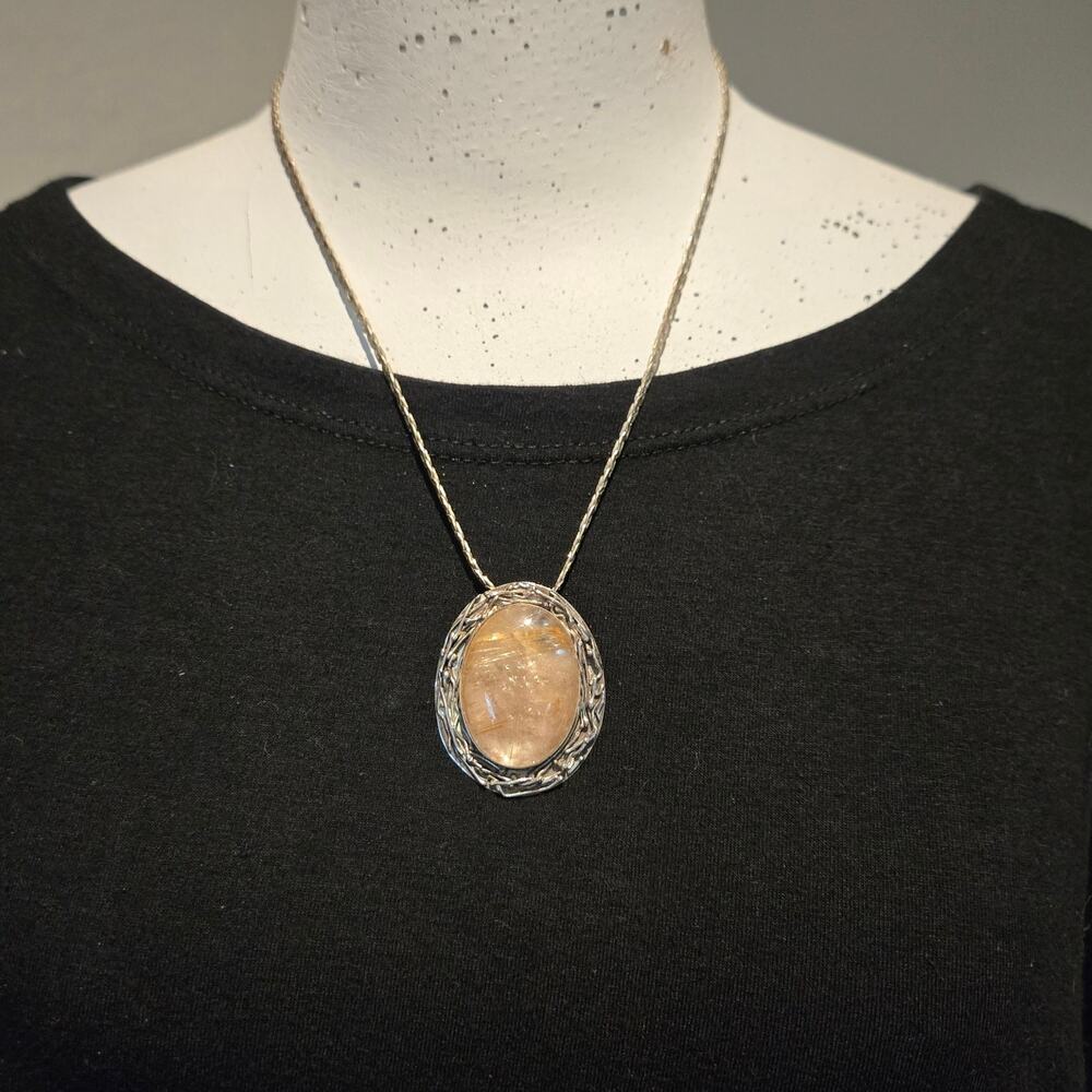 ZOE Artisan Sterling Silver Rutilated Quartz Necklace Vintage Boho Pendant